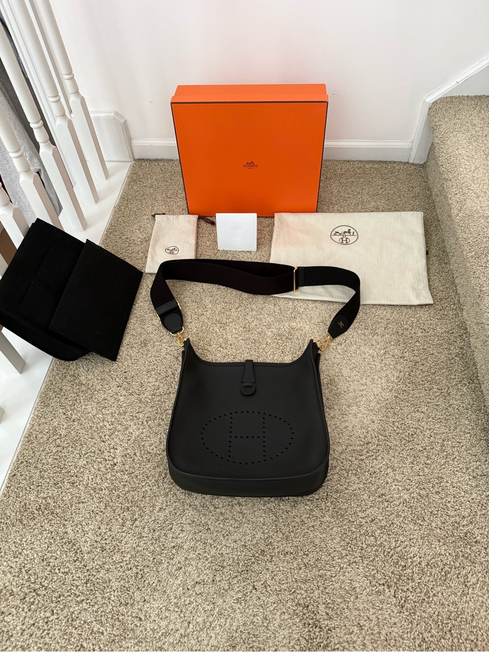 Hermes Black Clemence Evelyne PM 29 Gold Hardware FULL SET